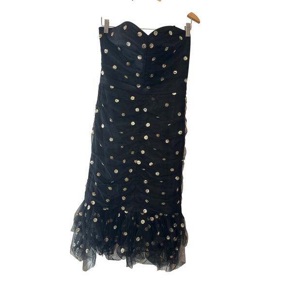 Marchesa Notte Strapless Black Gold Sequin Polka Dot Tulle Midi Dress 8 NWT - Picture 3 of 10
